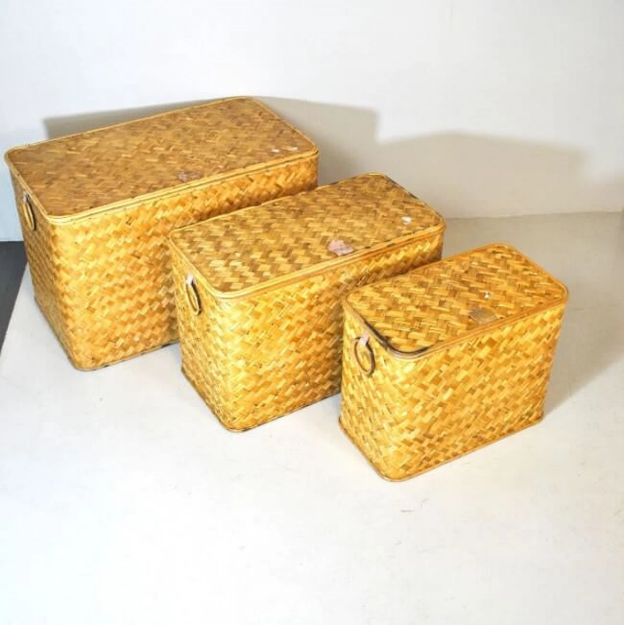3 Wicker containers with brass handles, 60s 1219545