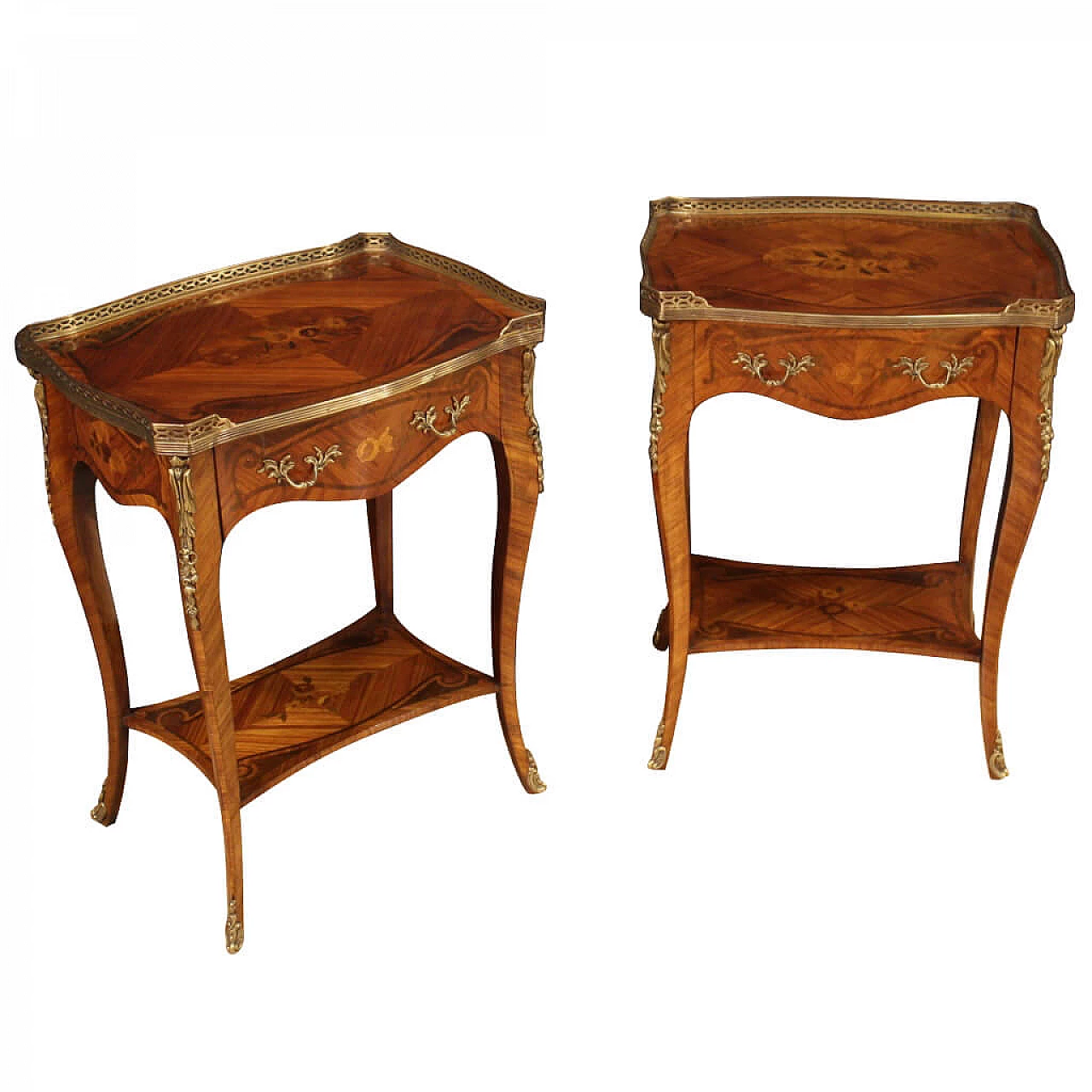 Pair of bedside tables in inlaid wood and bronze, 60s 1219744