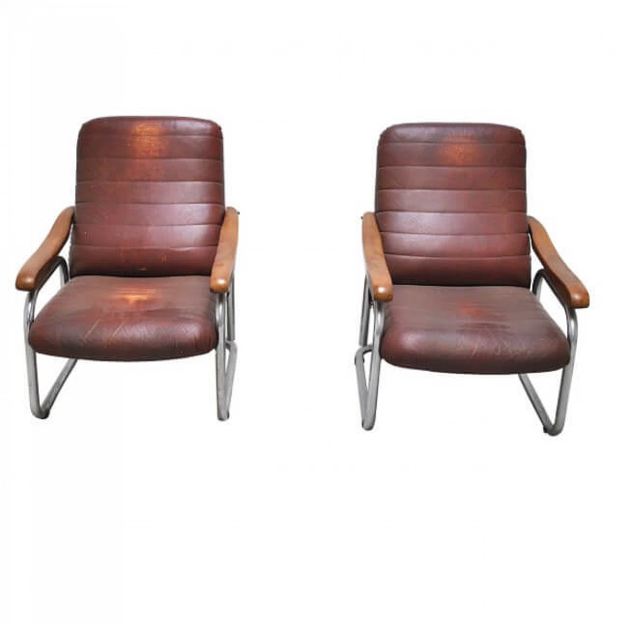 Pair of Bauhaus style armchairs in steel and leather, 50s 1219892