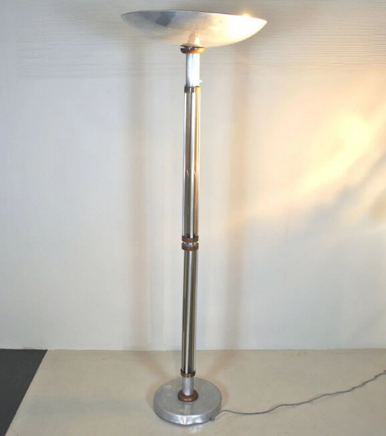 Floor lamp in aluminum, glass and copper, 40s 1220324
