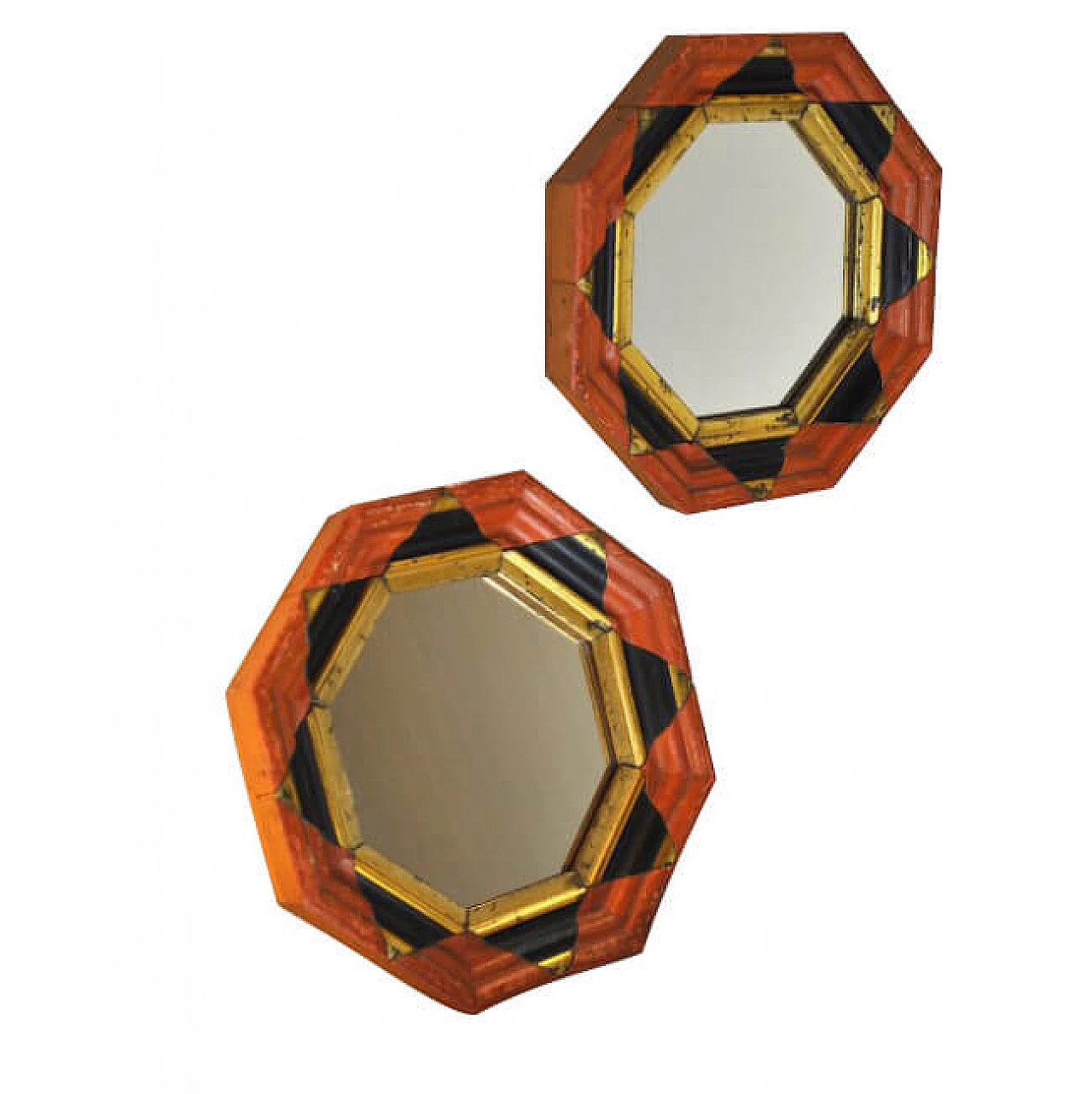 Pair of hexagonal mirrors in walnut, 60s 1220738