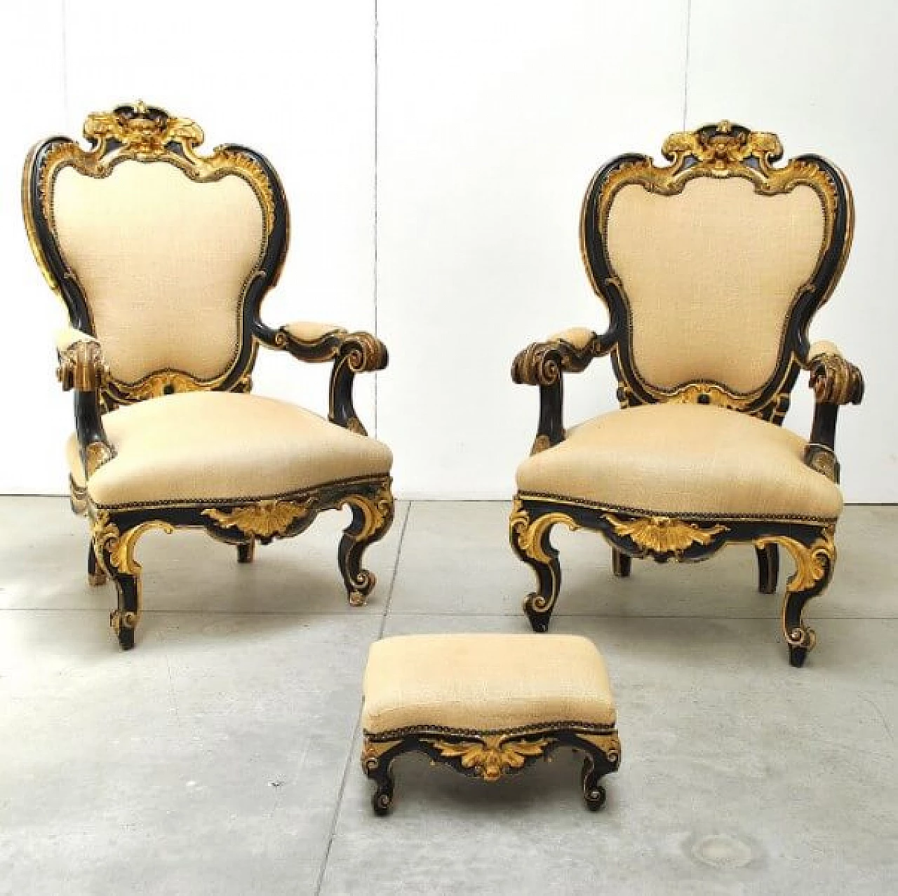 Pair of armchairs and footstool in wood and fabric, 19th century 1221262