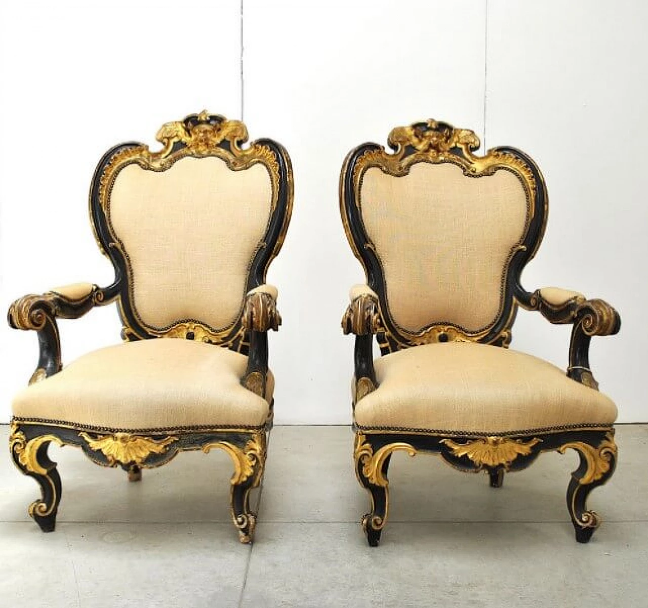 Pair of armchairs and footstool in wood and fabric, 19th century 1221263