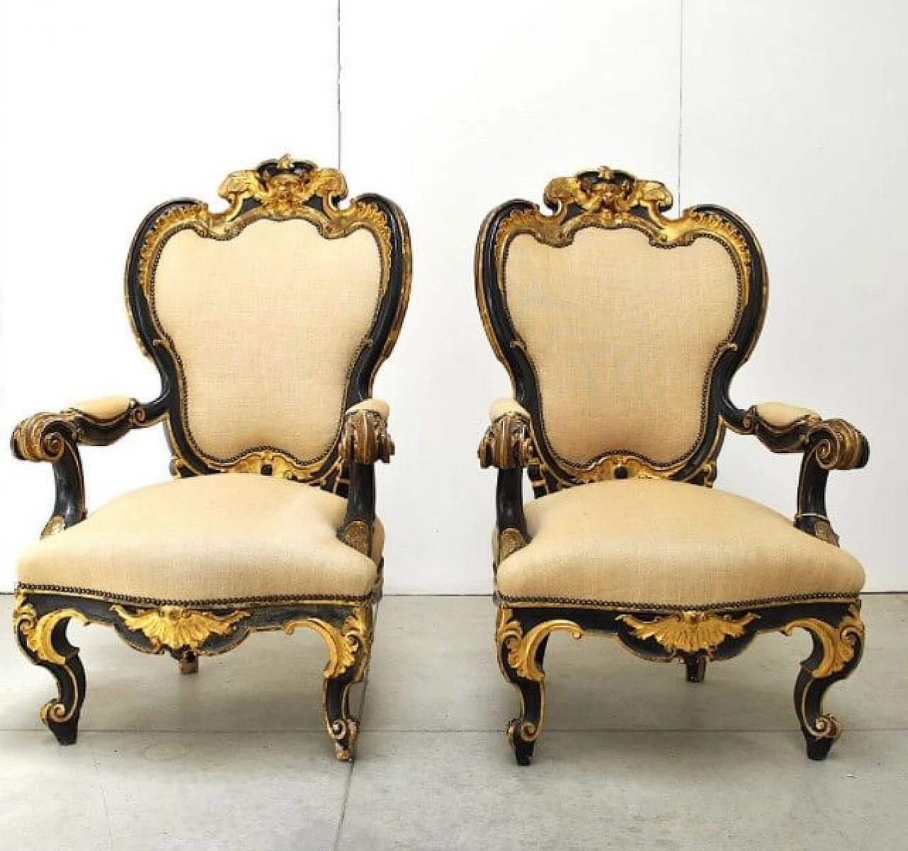 Pair of armchairs and wooden footrest in wood and fabric, '800 1221263
