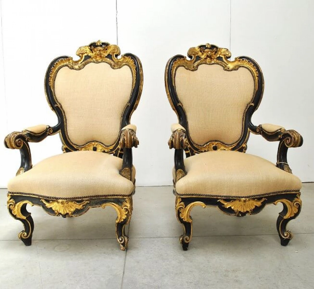 Pair of armchairs and footstool in wood and fabric, 19th century 1221264