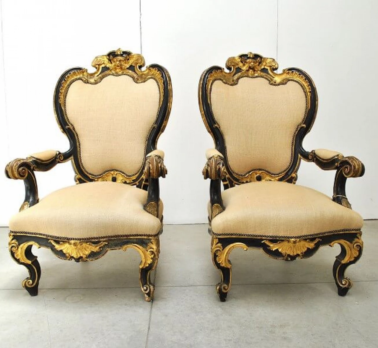 Pair of armchairs and wooden footrest in wood and fabric, '800 1221264