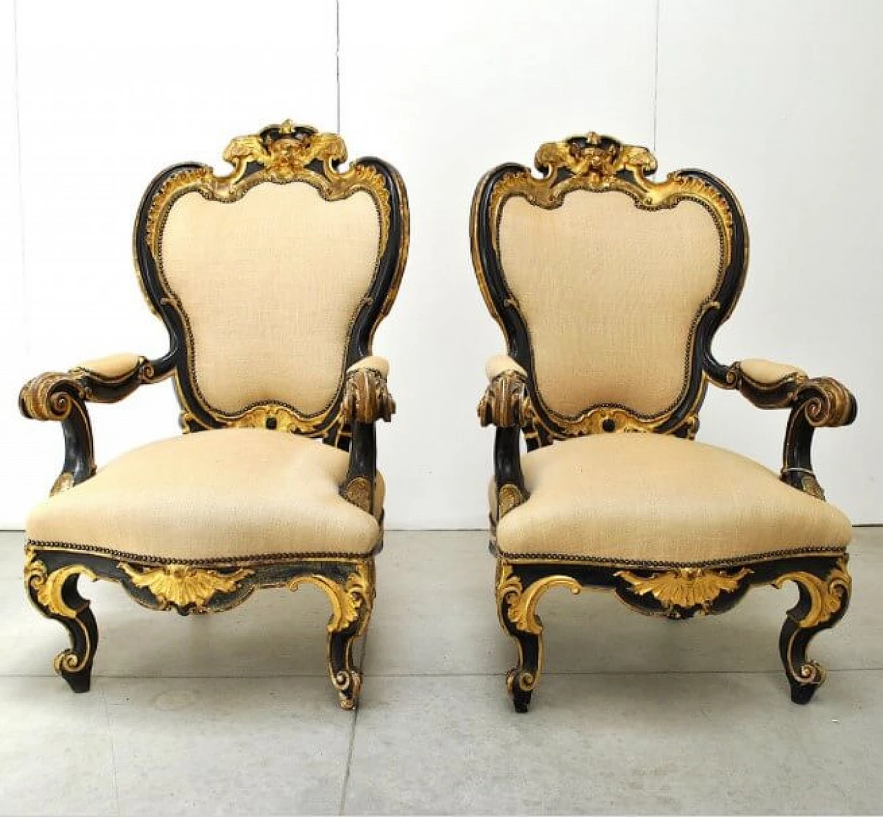 Pair of armchairs and footstool in wood and fabric, 19th century 1221265
