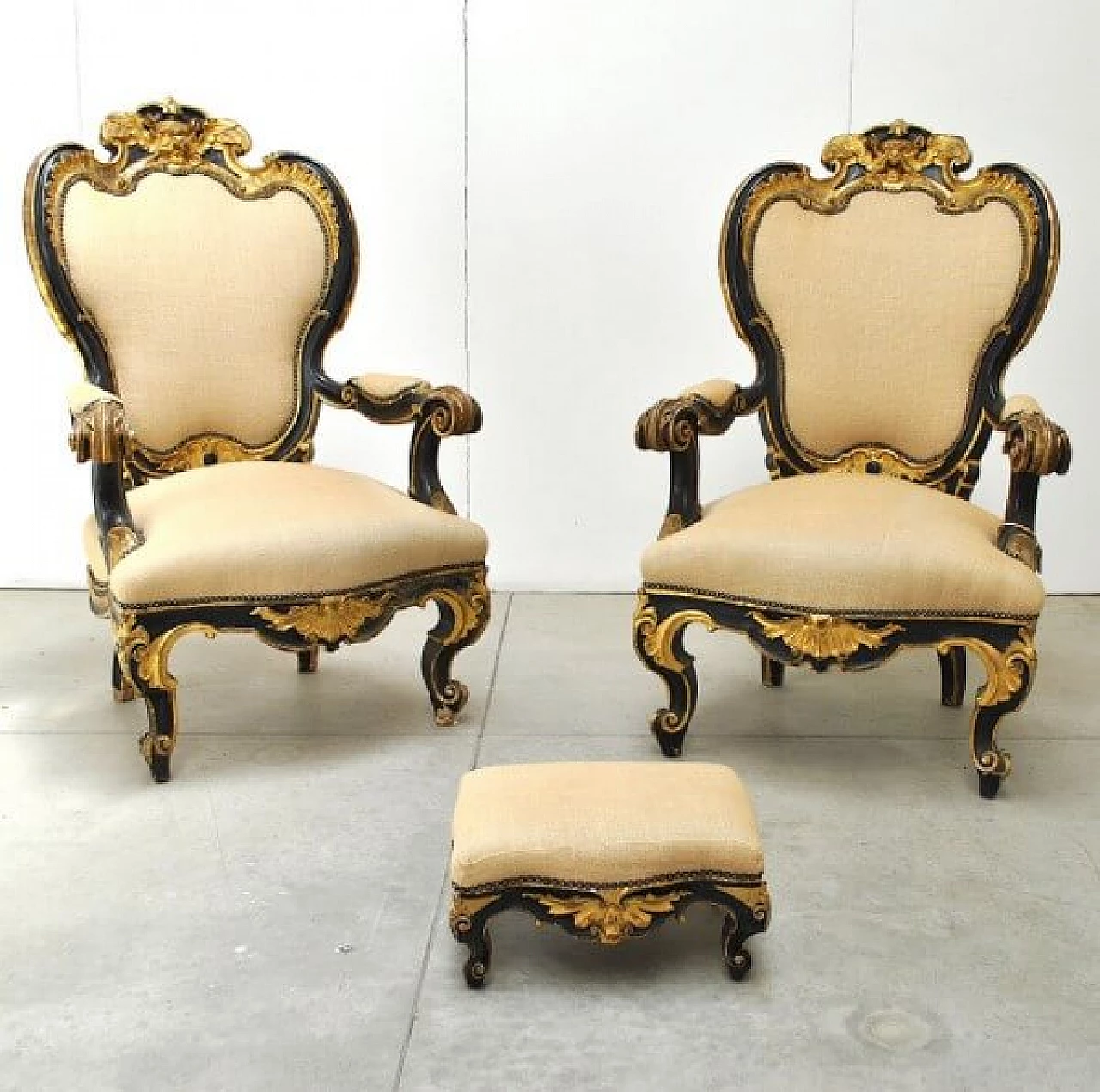 Pair of armchairs and footstool in wood and fabric, 19th century 1221268
