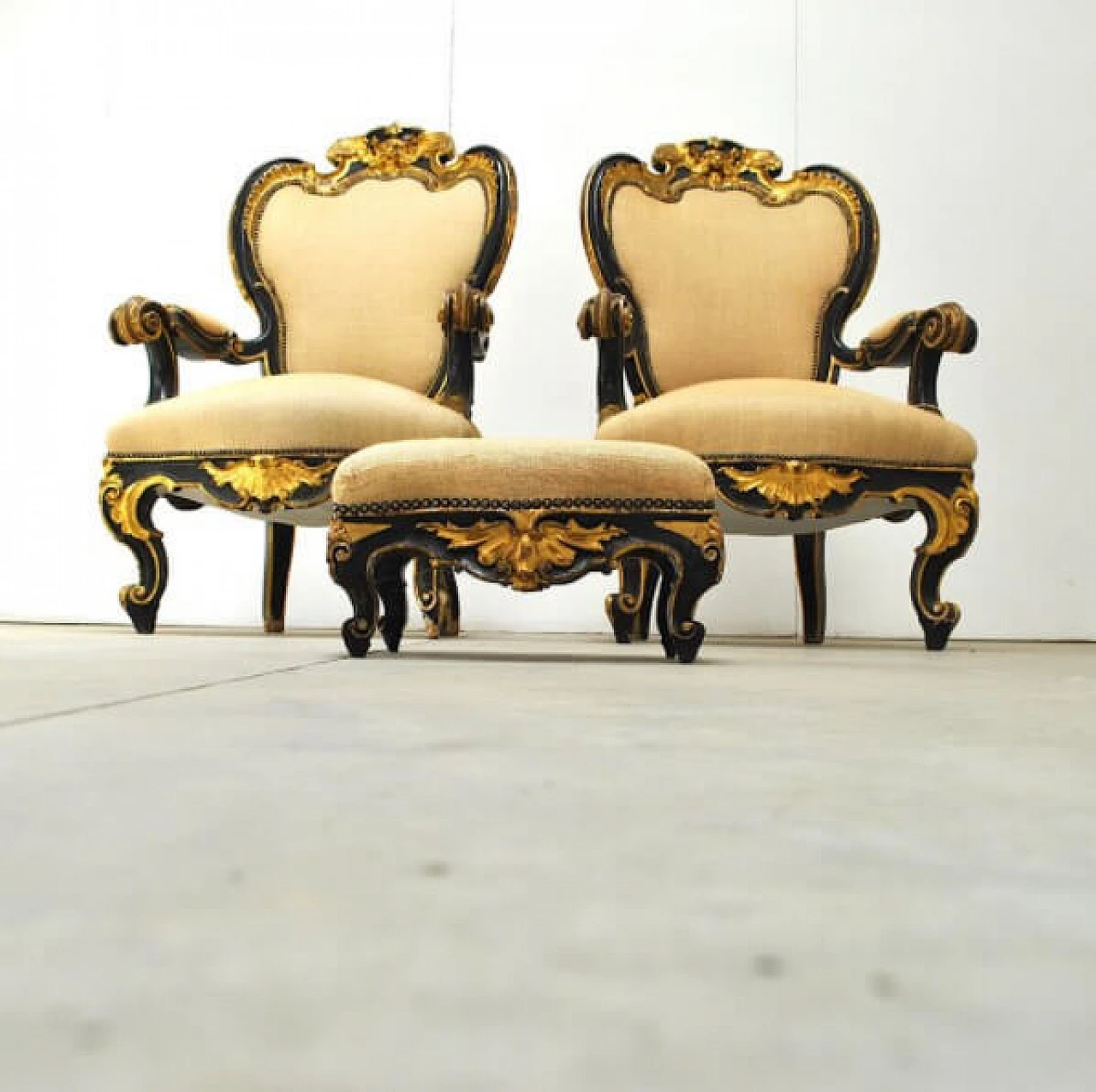 Pair of armchairs and footstool in wood and fabric, 19th century 1221269