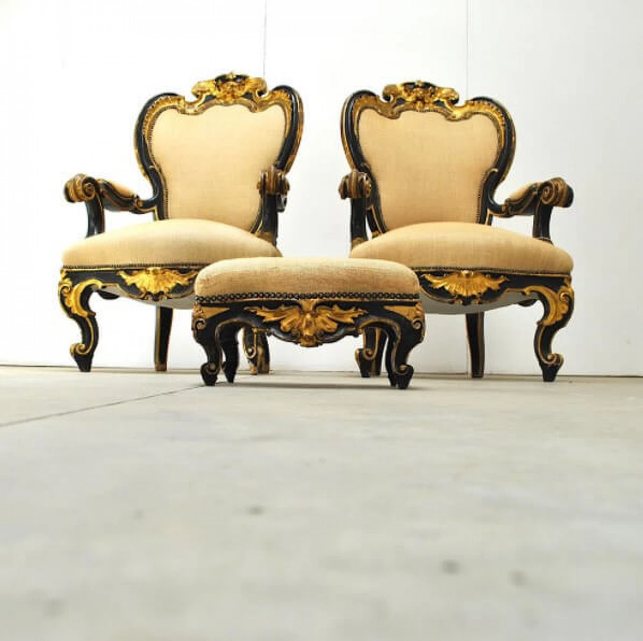 Pair of armchairs and wooden footrest in wood and fabric, '800 1221269