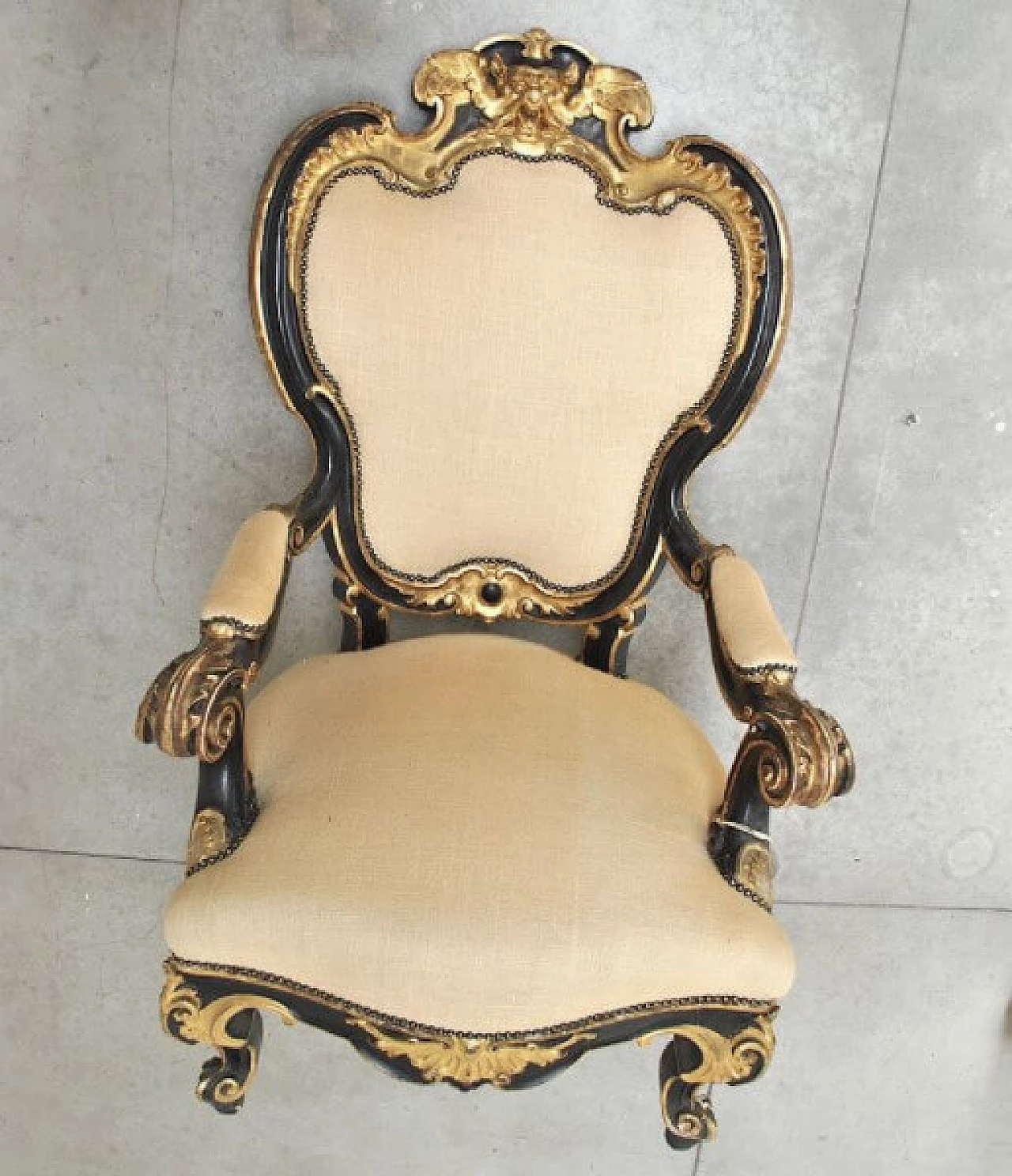 Pair of armchairs and wooden footrest in wood and fabric, '800 1221270