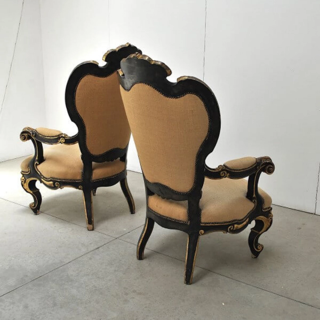 Pair of armchairs and footstool in wood and fabric, 19th century 1221274