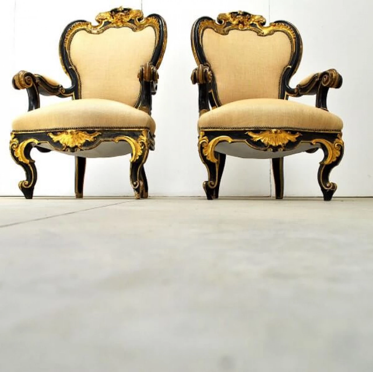 Pair of armchairs and footstool in wood and fabric, 19th century 1221275