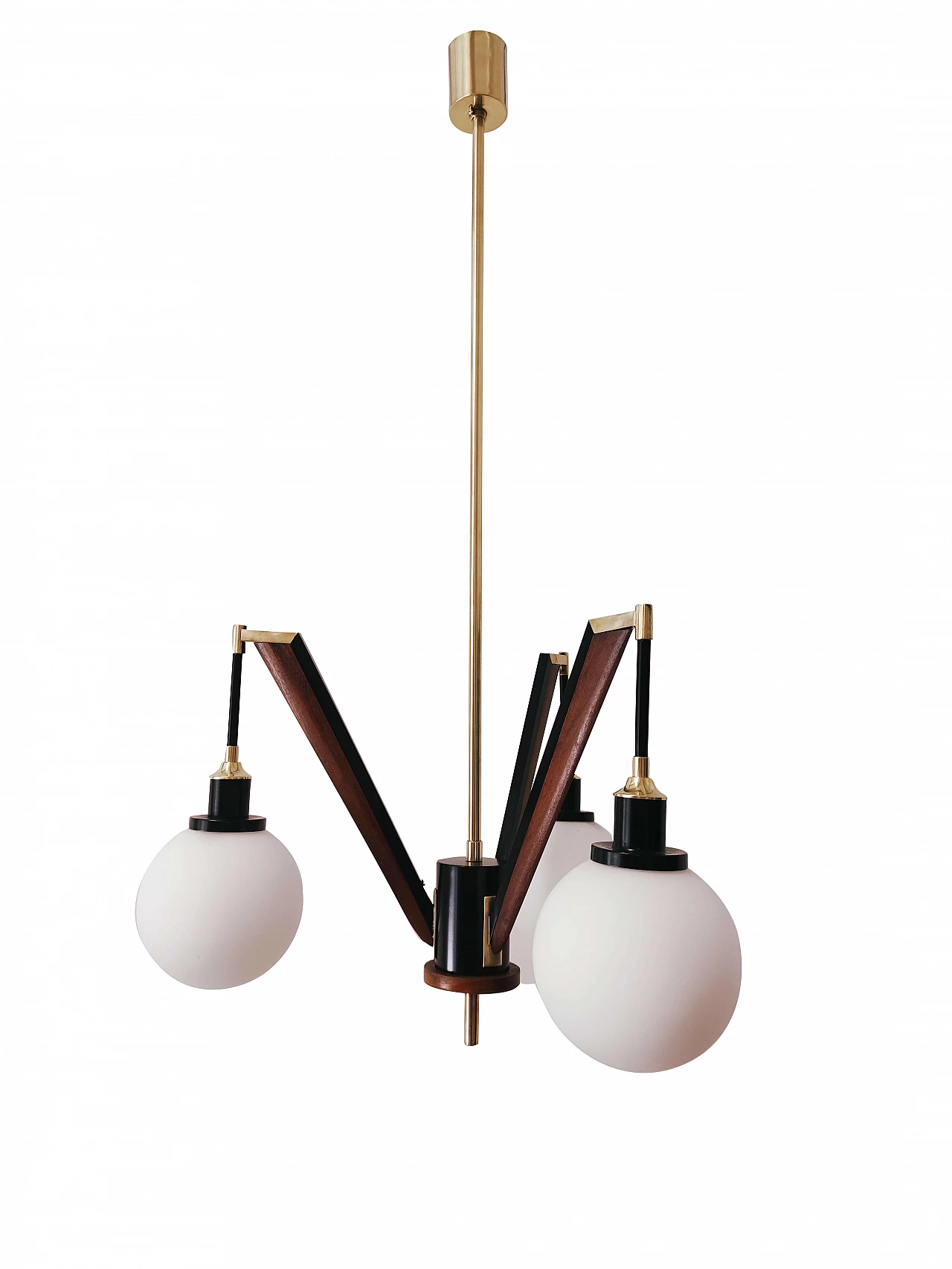 Spage Age chandelier in brass, wood and opaline glass, 70s 1221514