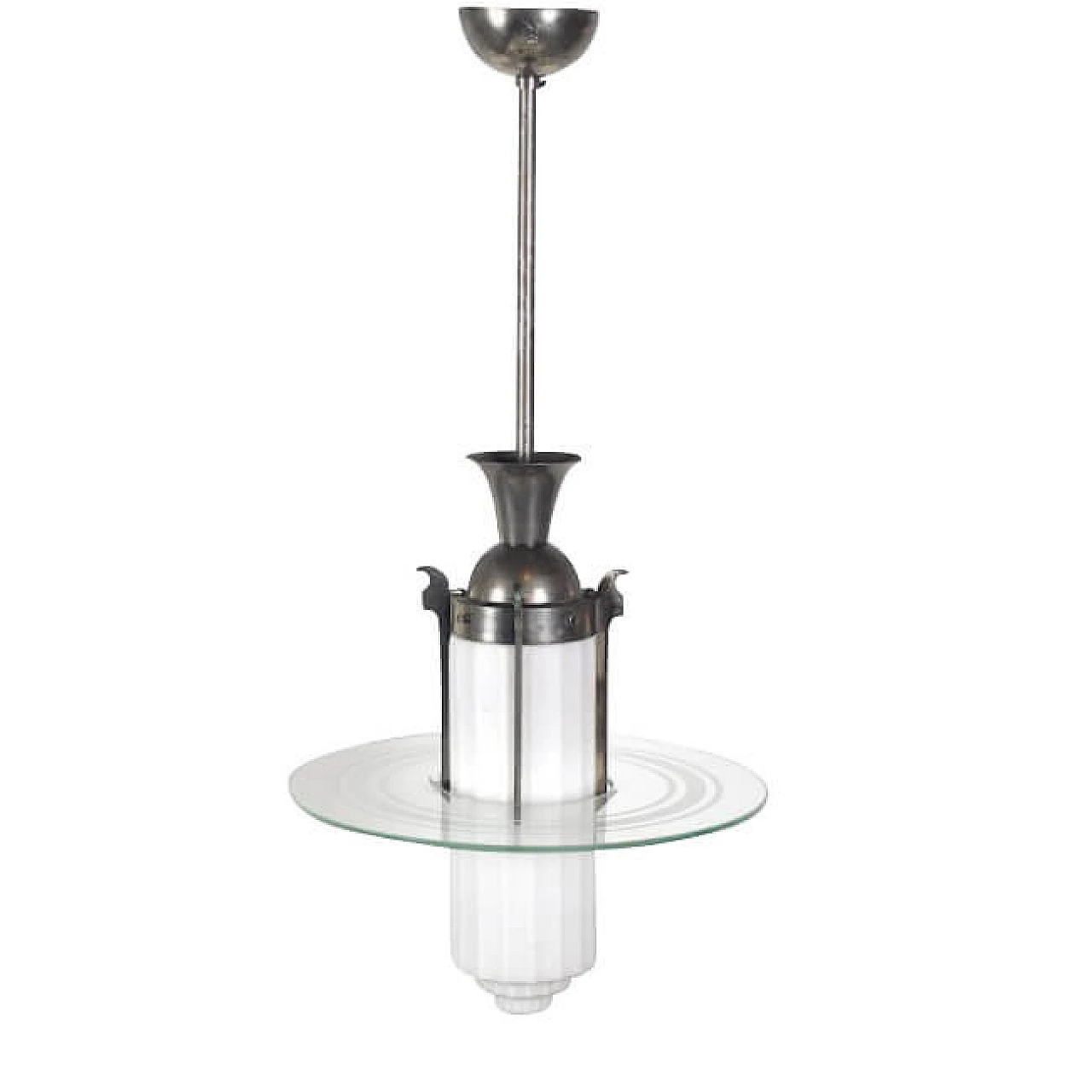 Art Deco Saturn style chandelier in steel and opaline glass, 40s 1221645