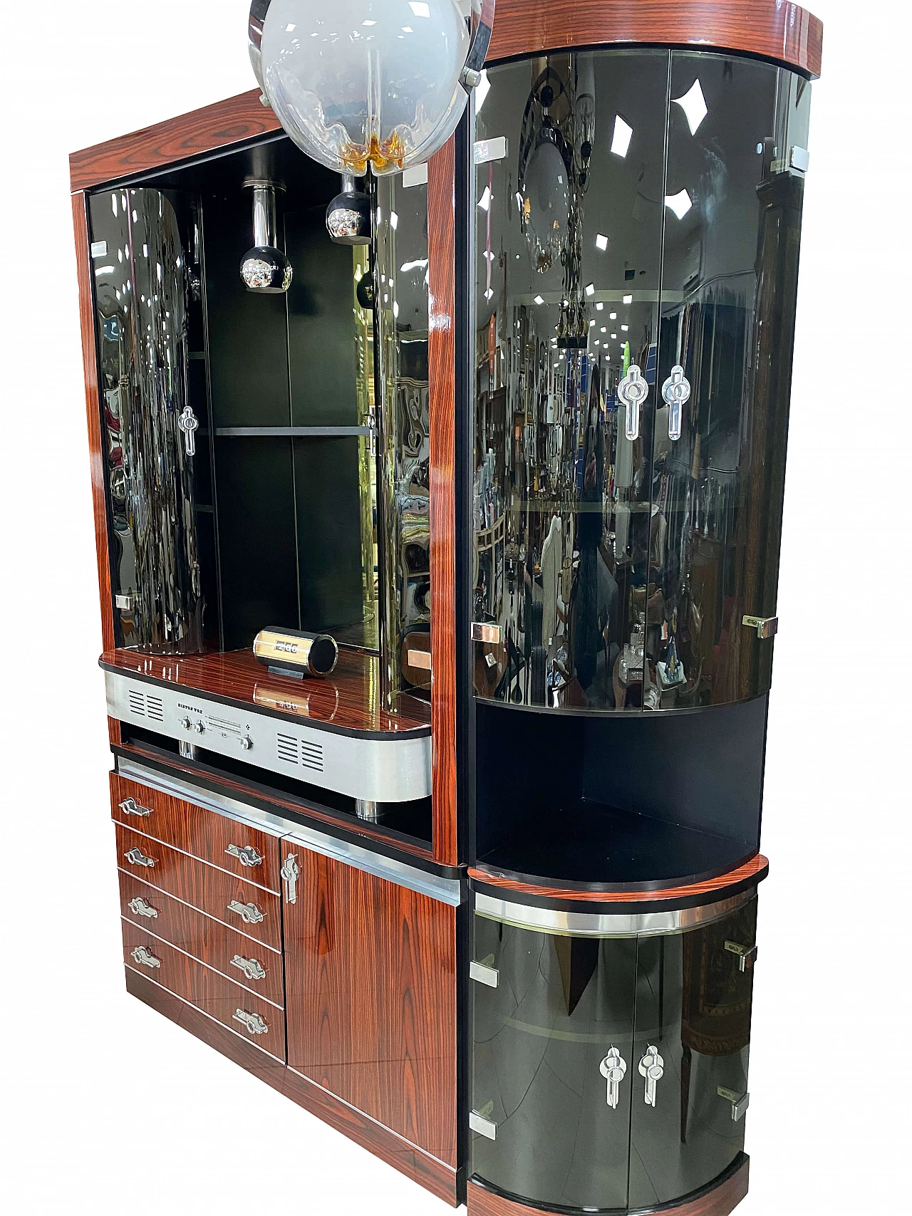 Mobile bar con radio in legno, acciaio e vetro, anni '70 1221940