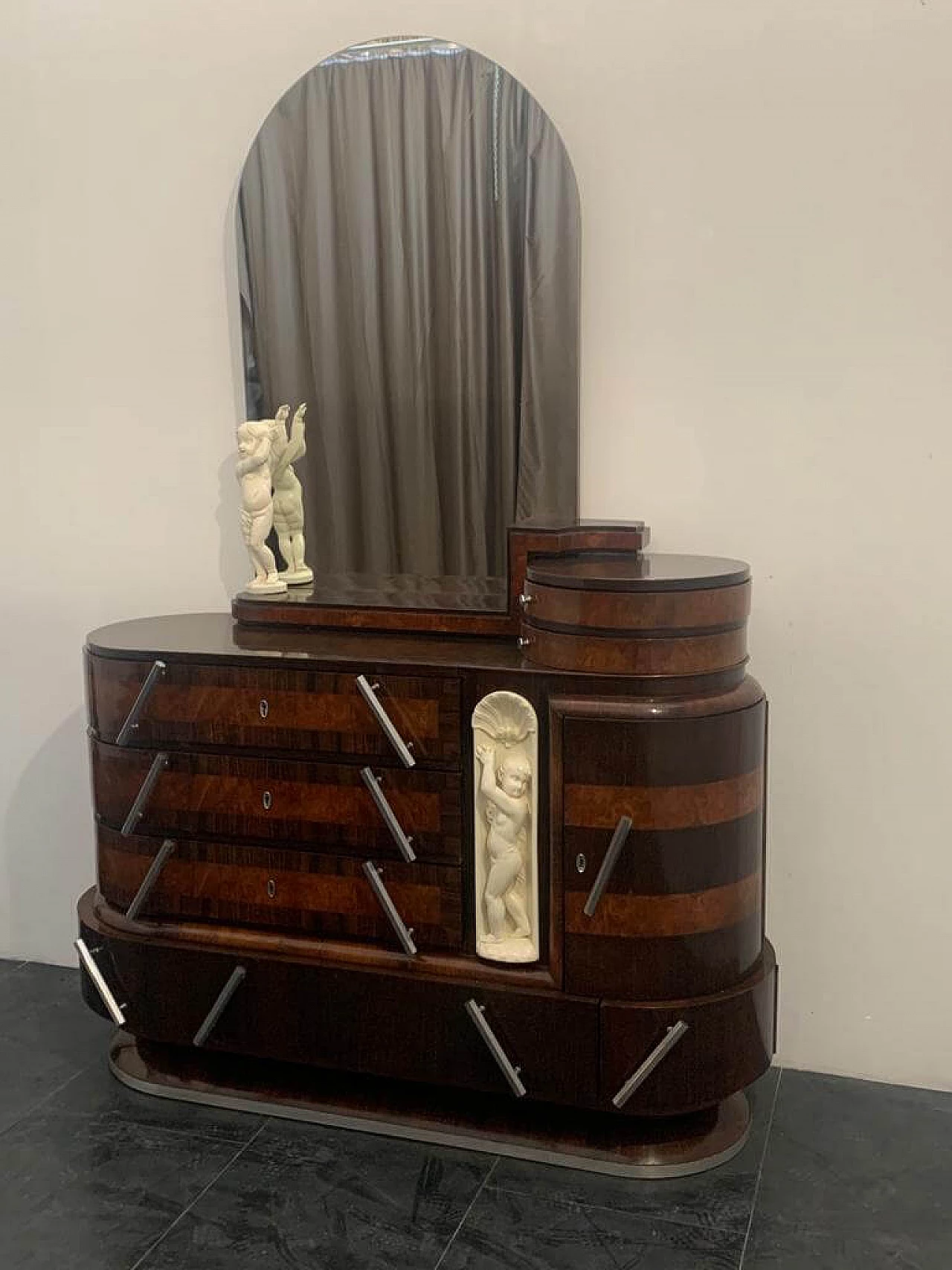 Ship oval chest of drawers by Ducrot in rosewood with mirror and briar sculpture, 20s 1221991