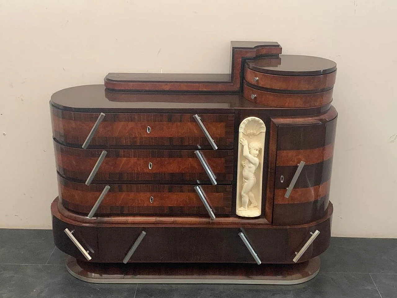 Ship oval chest of drawers by Ducrot in rosewood with mirror and briar sculpture, 20s 1221996