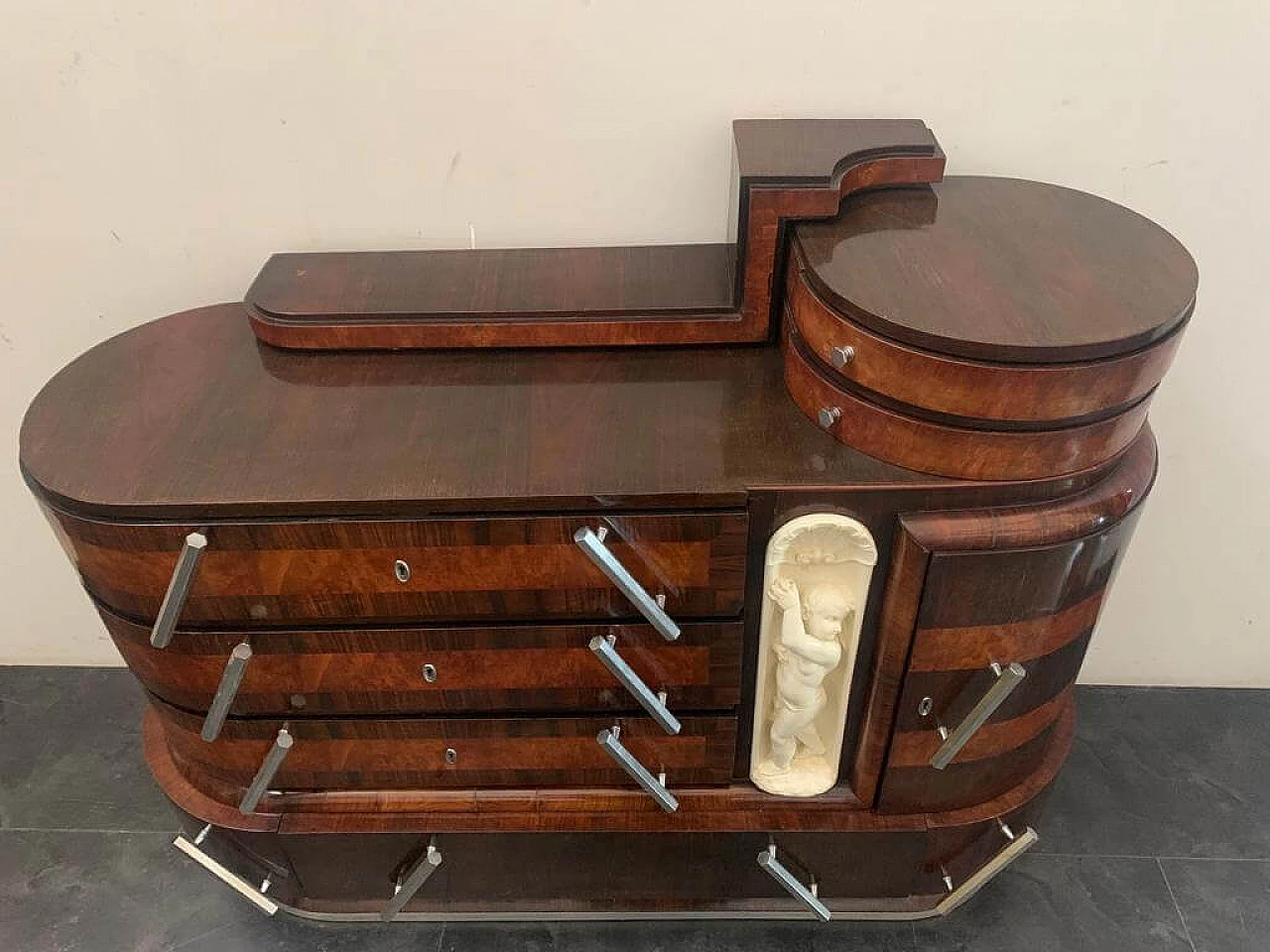 Ship oval chest of drawers by Ducrot in rosewood with mirror and briar sculpture, 20s 1221997