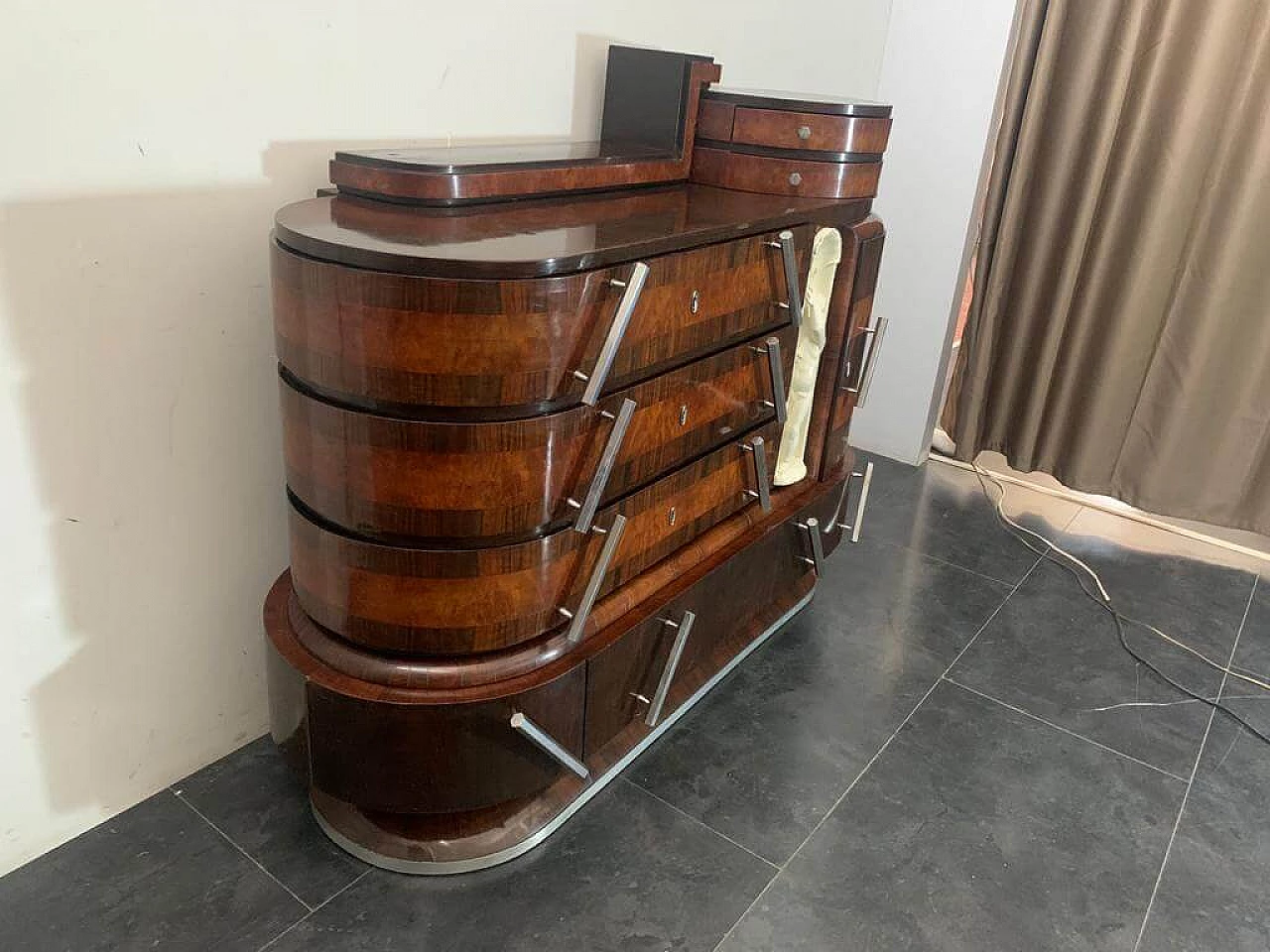 Ship oval chest of drawers by Ducrot in rosewood with mirror and briar sculpture, 20s 1221999