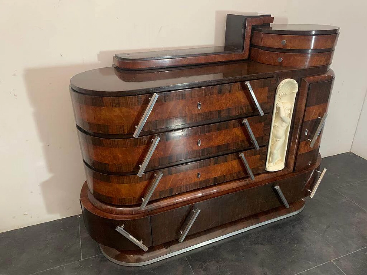 Ship oval chest of drawers by Ducrot in rosewood with mirror and briar sculpture, 20s 1222000