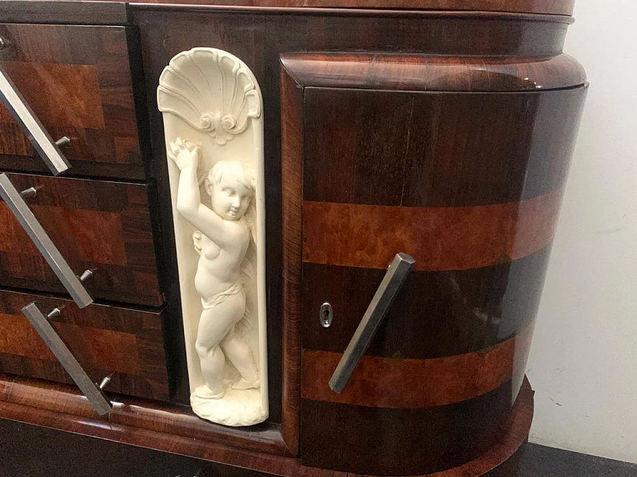 Ship oval chest of drawers by Ducrot in rosewood with mirror and briar sculpture, 20s 1222003