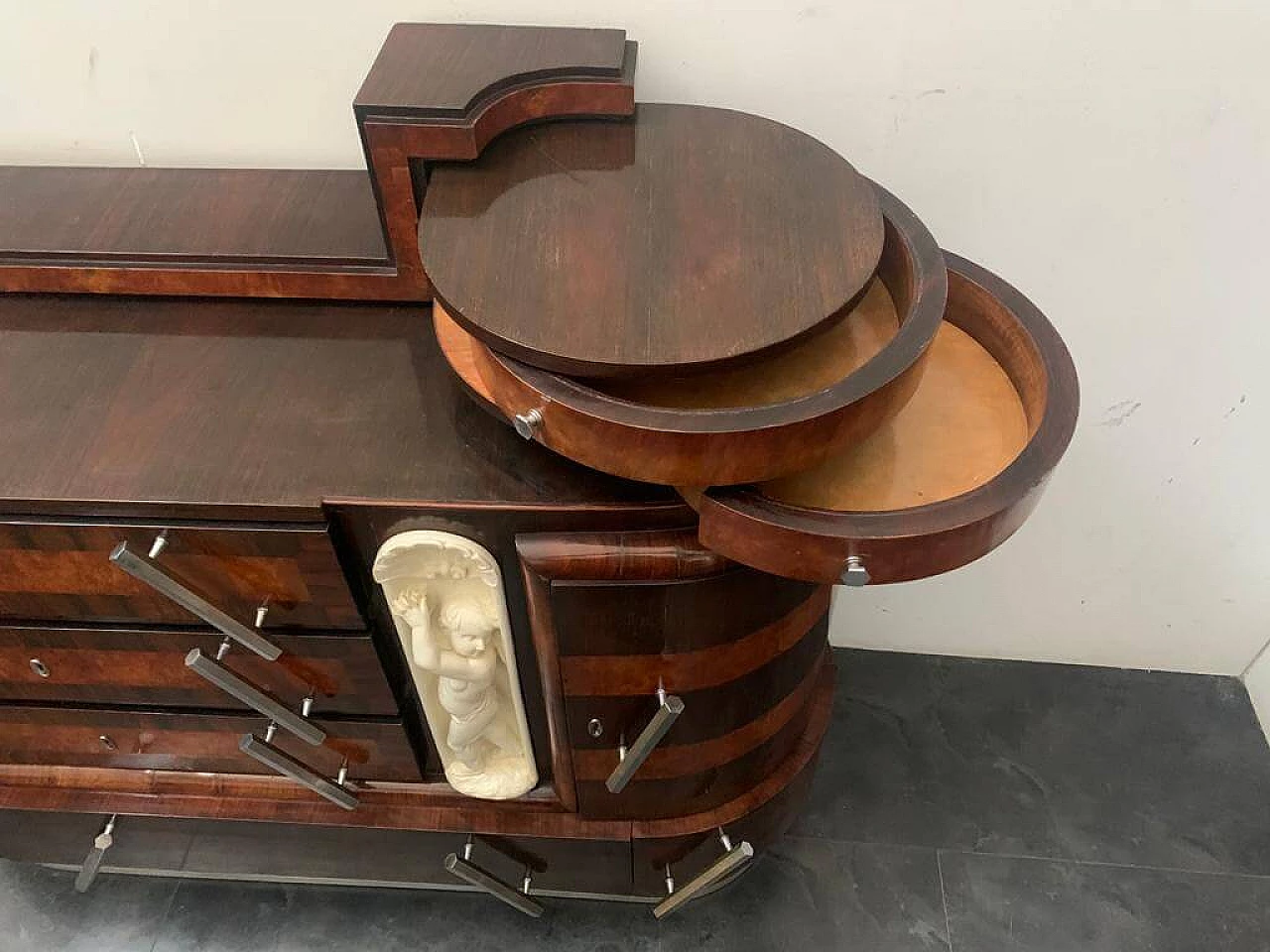 Ship oval chest of drawers by Ducrot in rosewood with mirror and briar sculpture, 20s 1222005