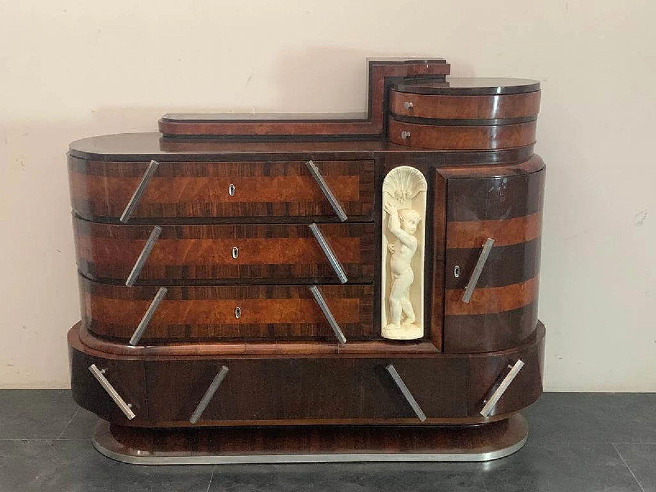 Ship oval chest of drawers by Ducrot in rosewood with mirror and briar sculpture, 20s 1222006