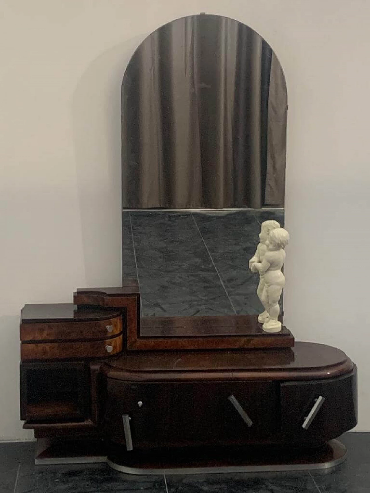 Vanity set in rosewood and walnut with mirror and cherub by Ducrot, 20s 1222011