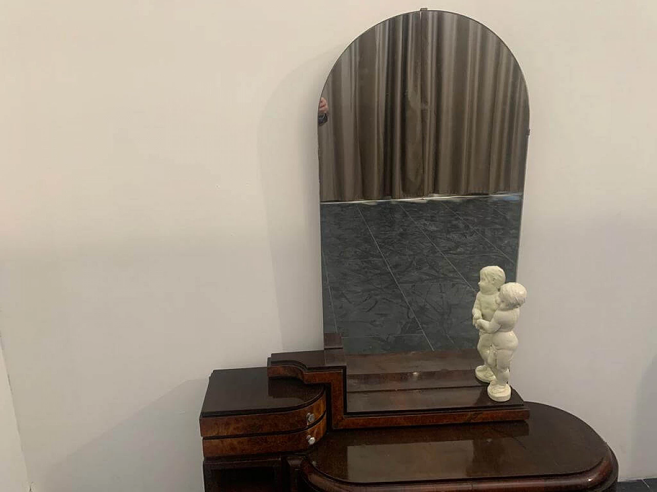 Vanity set in rosewood and walnut with mirror and cherub by Ducrot, 20s 1222018