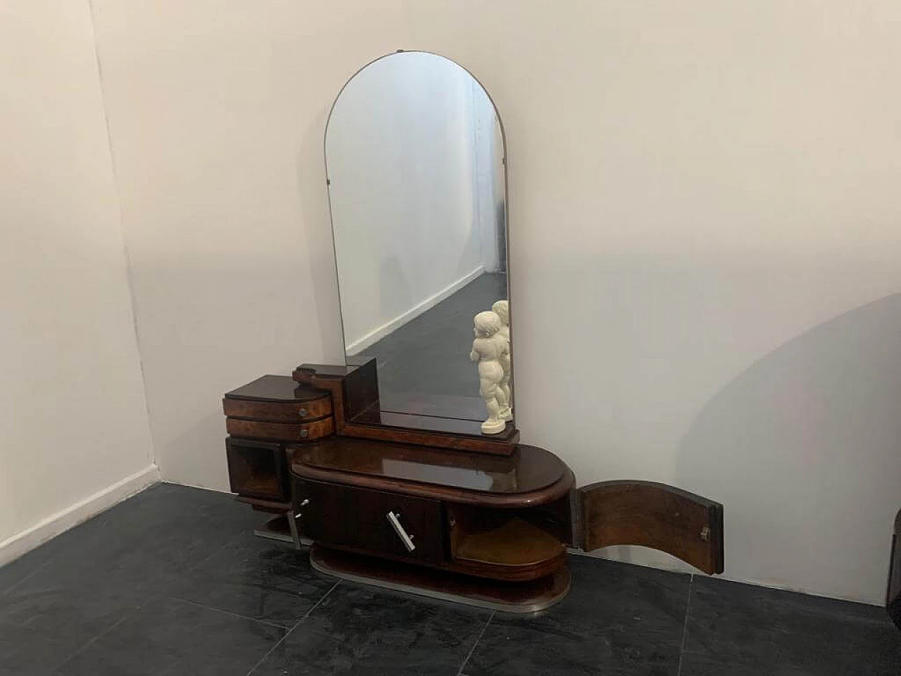 Vanity set in rosewood and walnut with mirror and cherub by Ducrot, 20s 1222021