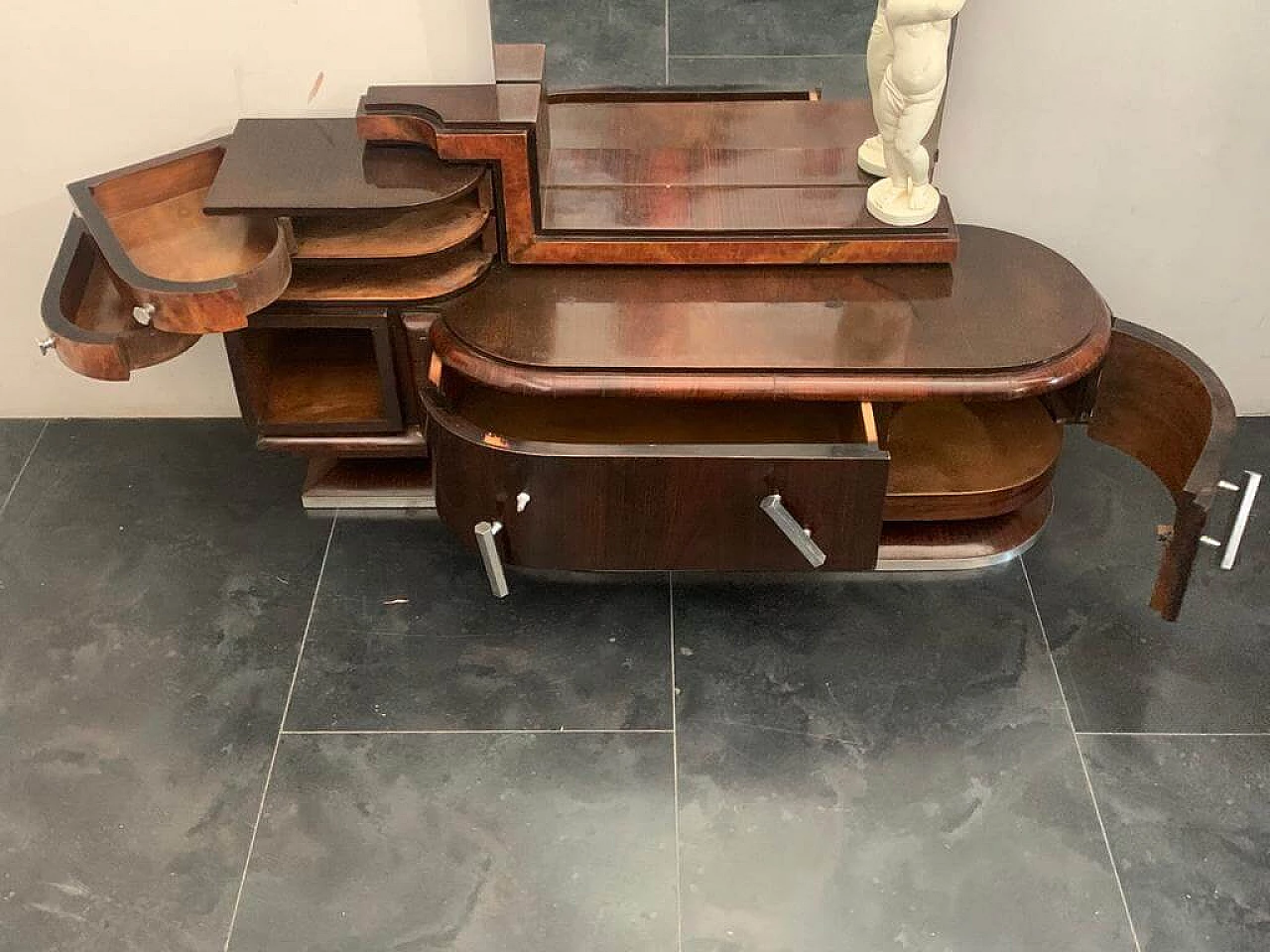 Vanity set in rosewood and walnut with mirror and cherub by Ducrot, 20s 1222023