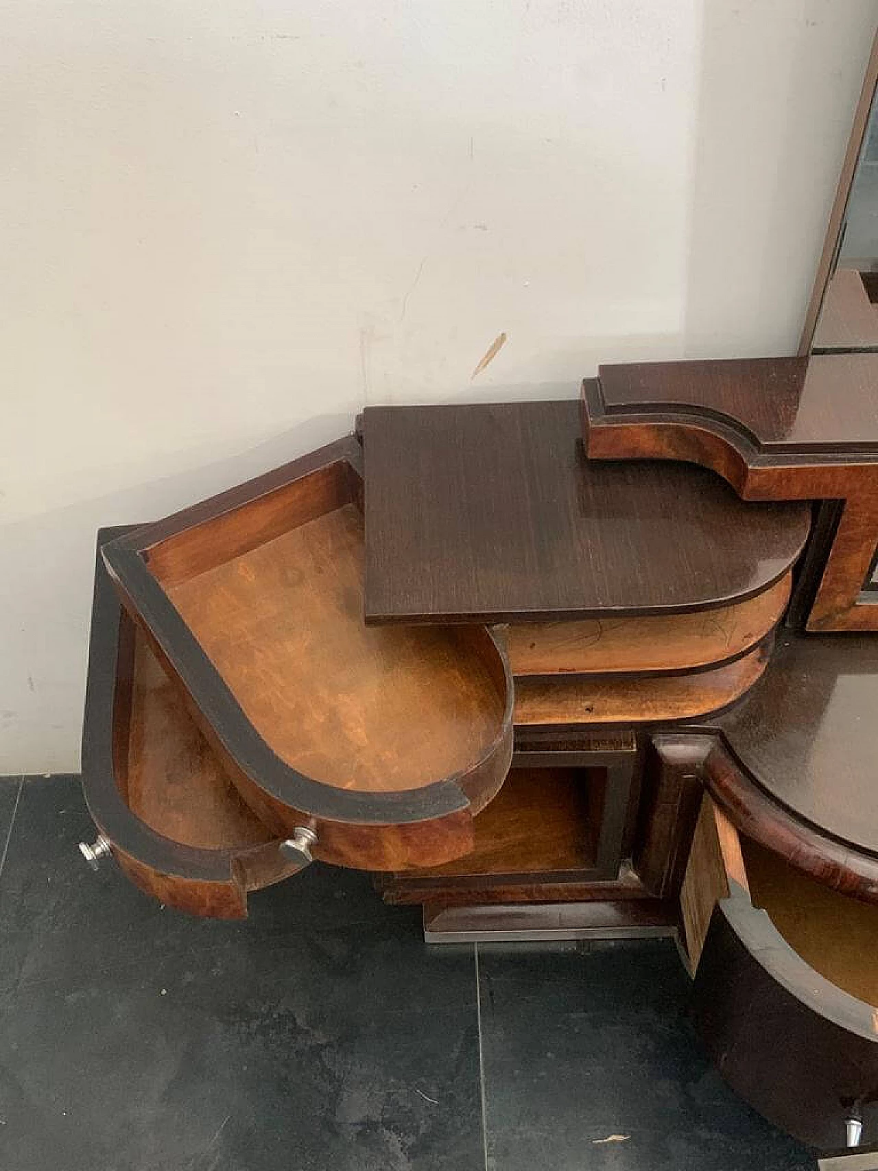 Vanity set in rosewood and walnut with mirror and cherub by Ducrot, 20s 1222024