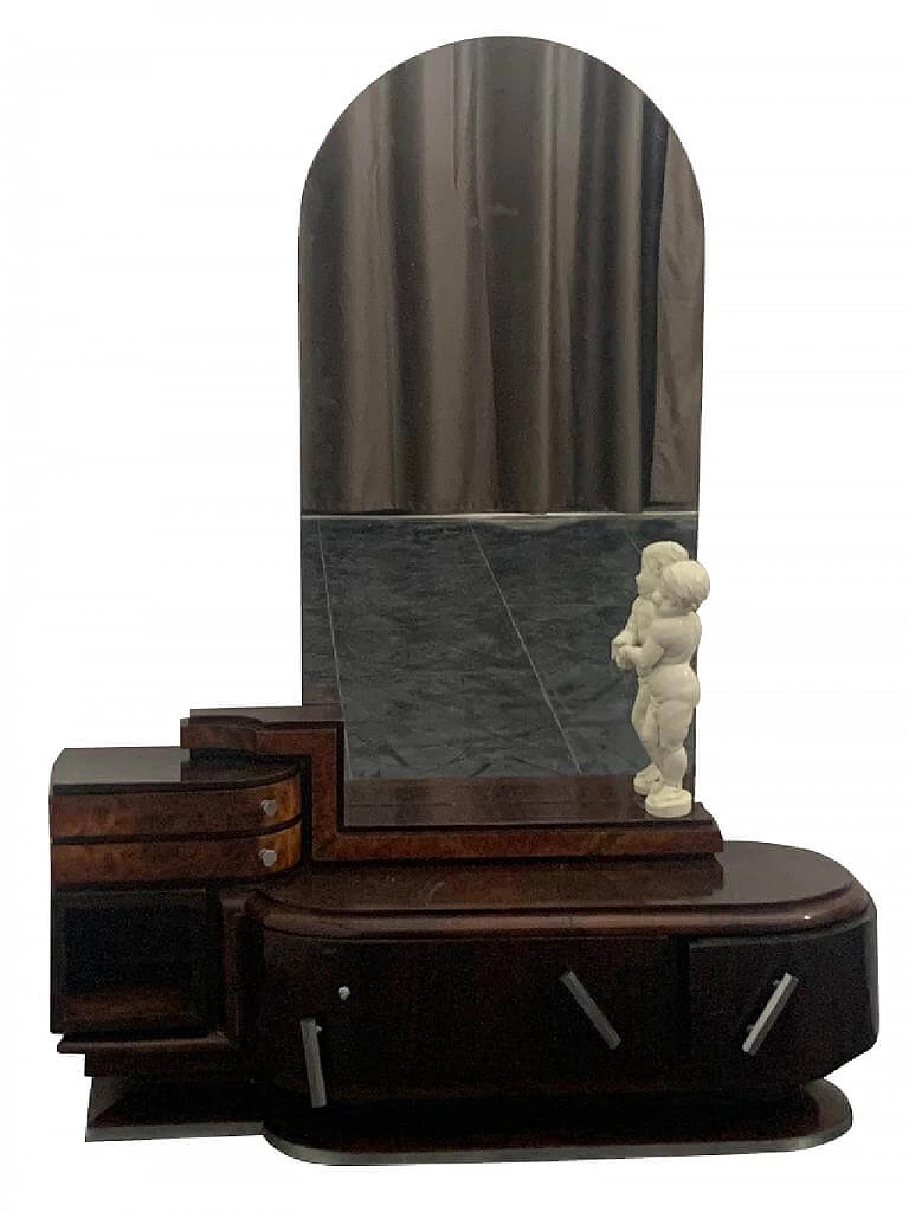 Vanity set in rosewood and walnut with mirror and cherub by Ducrot, 20s 1222043