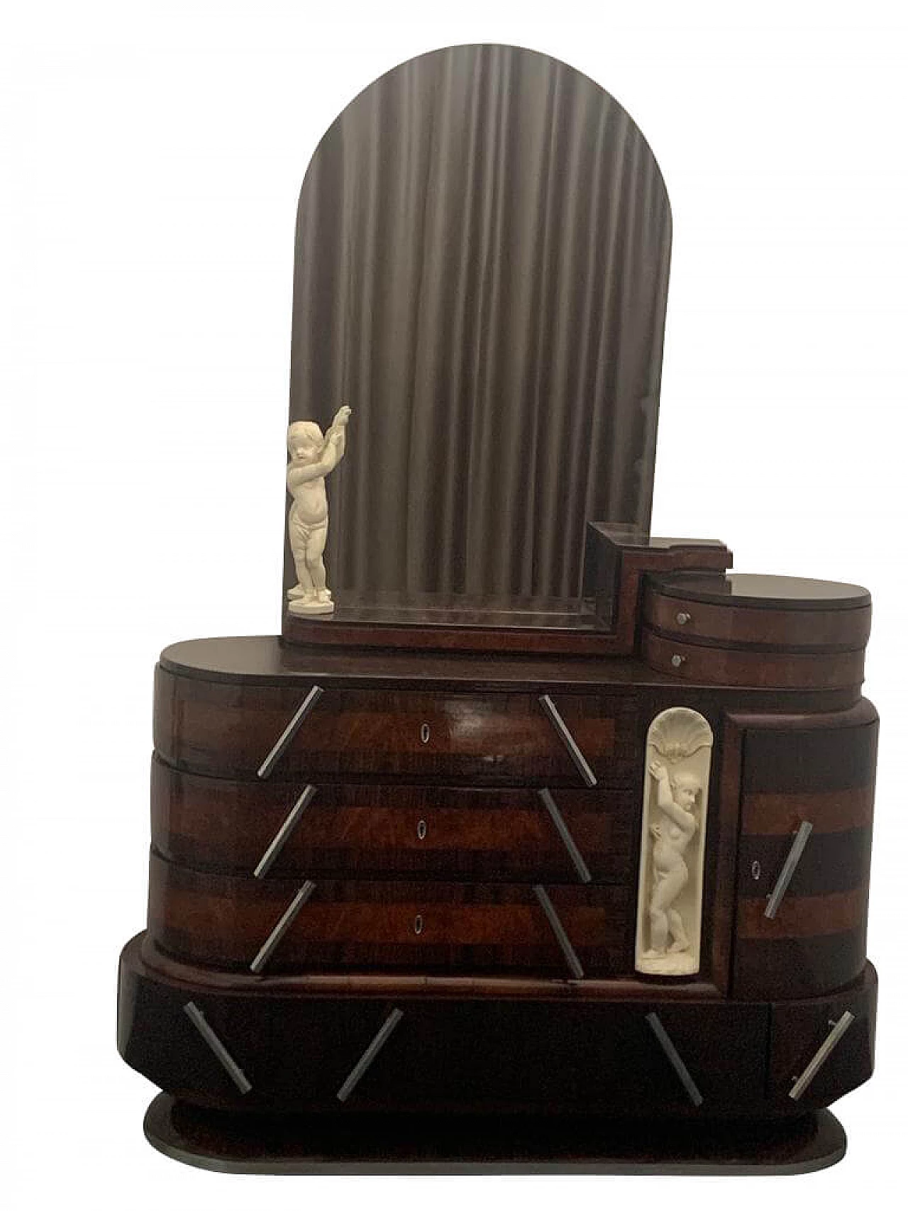 Ship oval chest of drawers by Ducrot in rosewood with mirror and briar sculpture, 20s 1222049