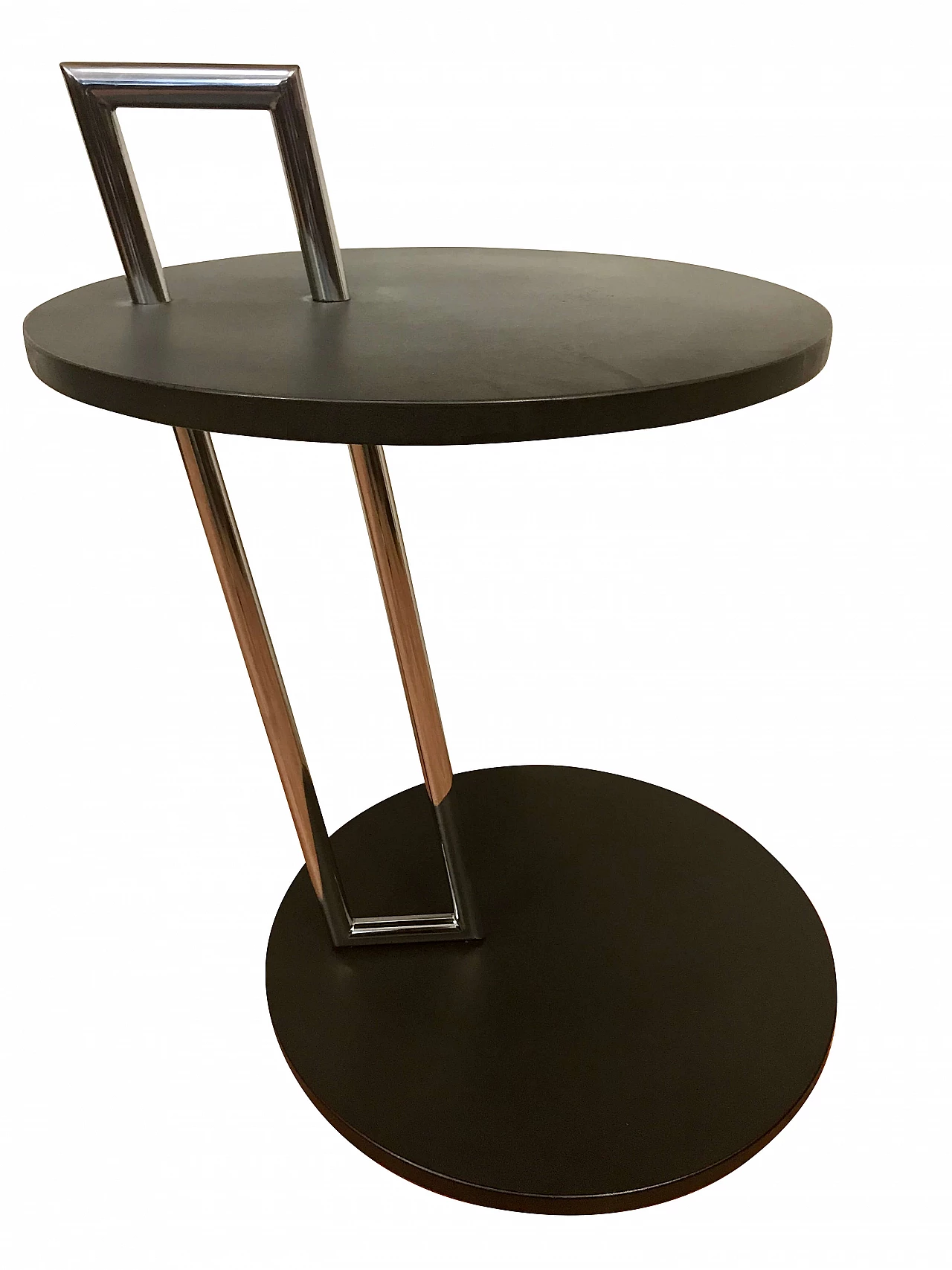 Double round top side table with black lacquered wood tops and diagonal chrome-plated tubular structure, original 70s 1222150