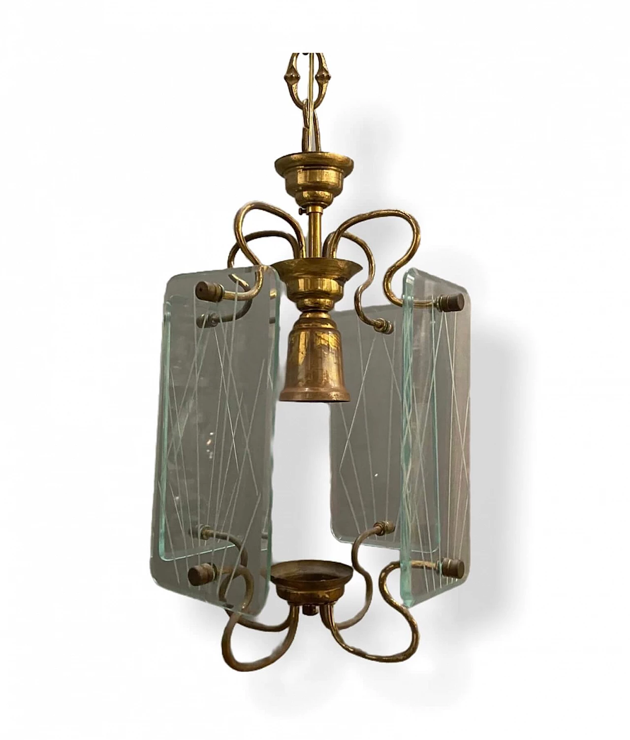 Lampada a sospensione in bronzo e vetro acidato, anni '50 1222308