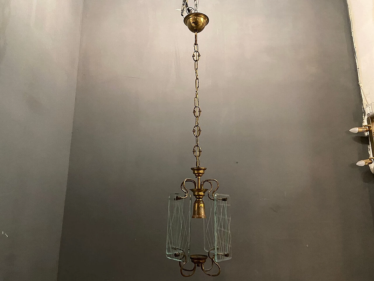Lampada a sospensione in bronzo e vetro acidato, anni '50 1222309