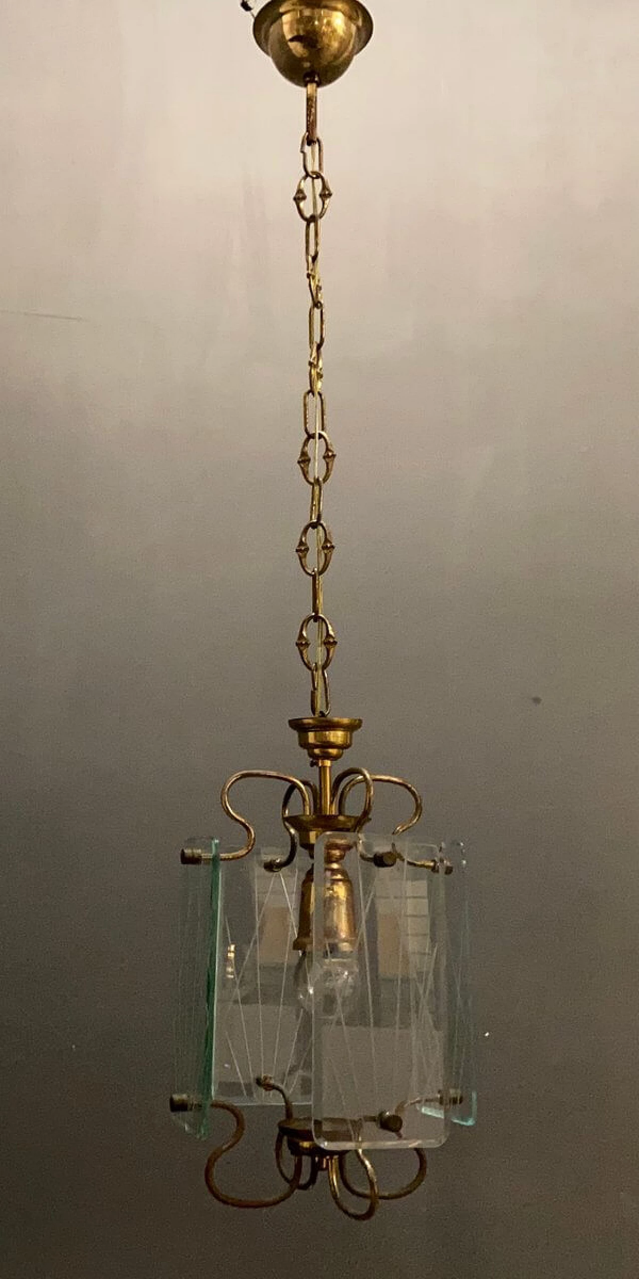 Lampada a sospensione in bronzo e vetro acidato, anni '50 1222315