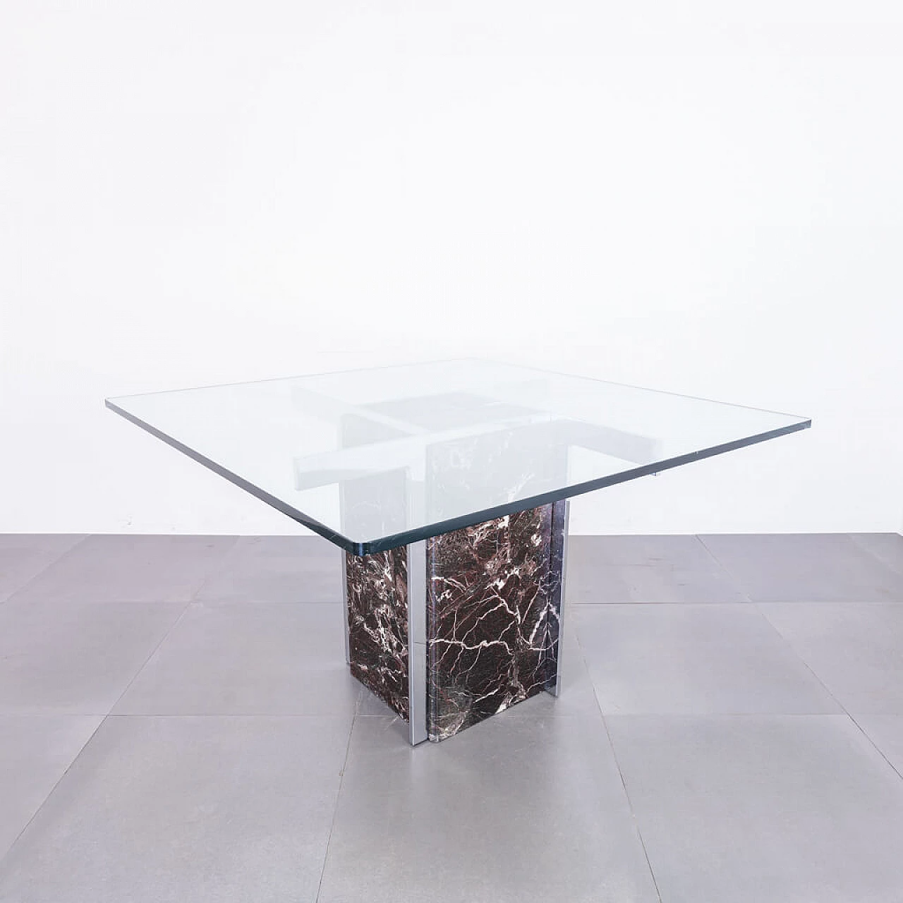 Squared top dining table in marble and  glass, 70s 1222471