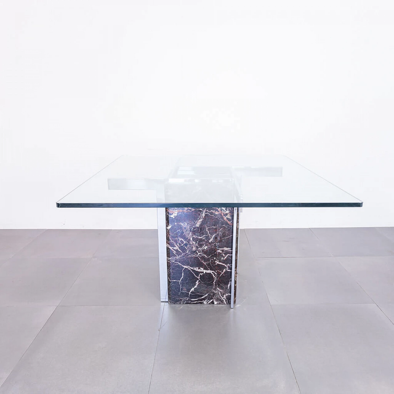 Squared top dining table in marble and  glass, 70s 1222472