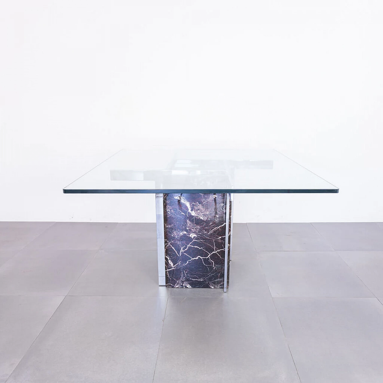 Squared top dining table in marble and  glass, 70s 1222474