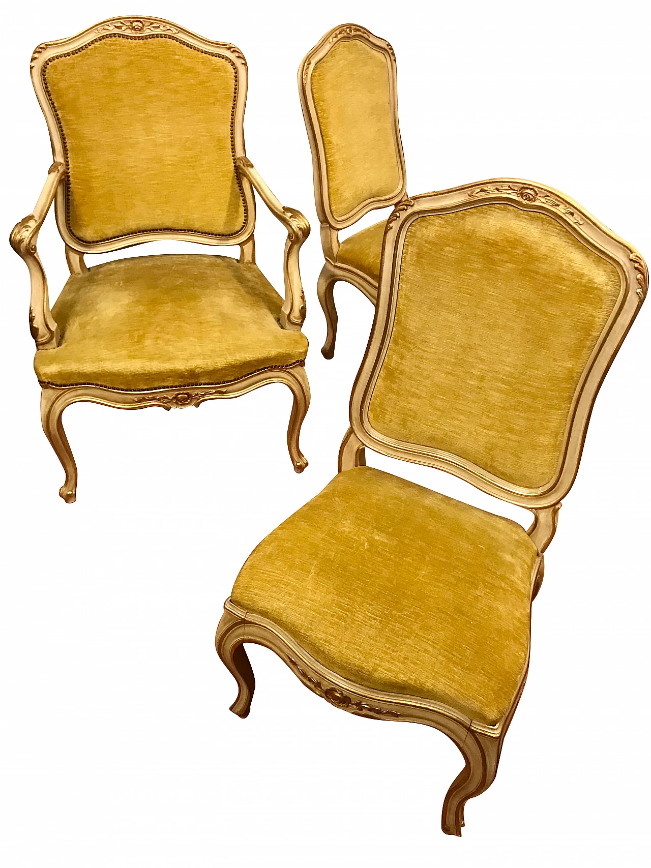Set of 1 armchair and 2 lacquered and gilded chairs lined with gold-colored velvet, original mid 20th century 1222525