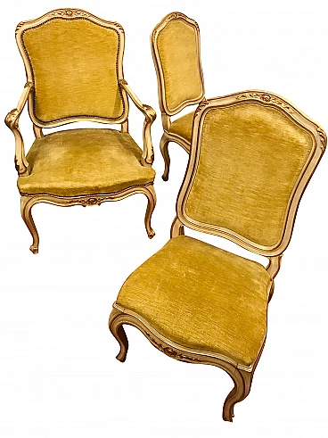 Set of 1 armchair and 2 lacquered and gilded chairs lined with gold-colored velvet, original mid 20th century