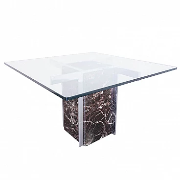Squared top dining table in marble and  glass, 70s