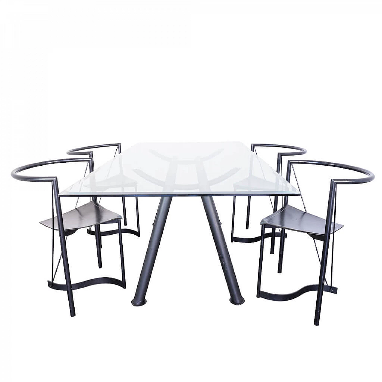 Set da pranzo con tavolo in cristallo e 4 sedie di design con seduta in in pelle e metallo, anni '80 1222670