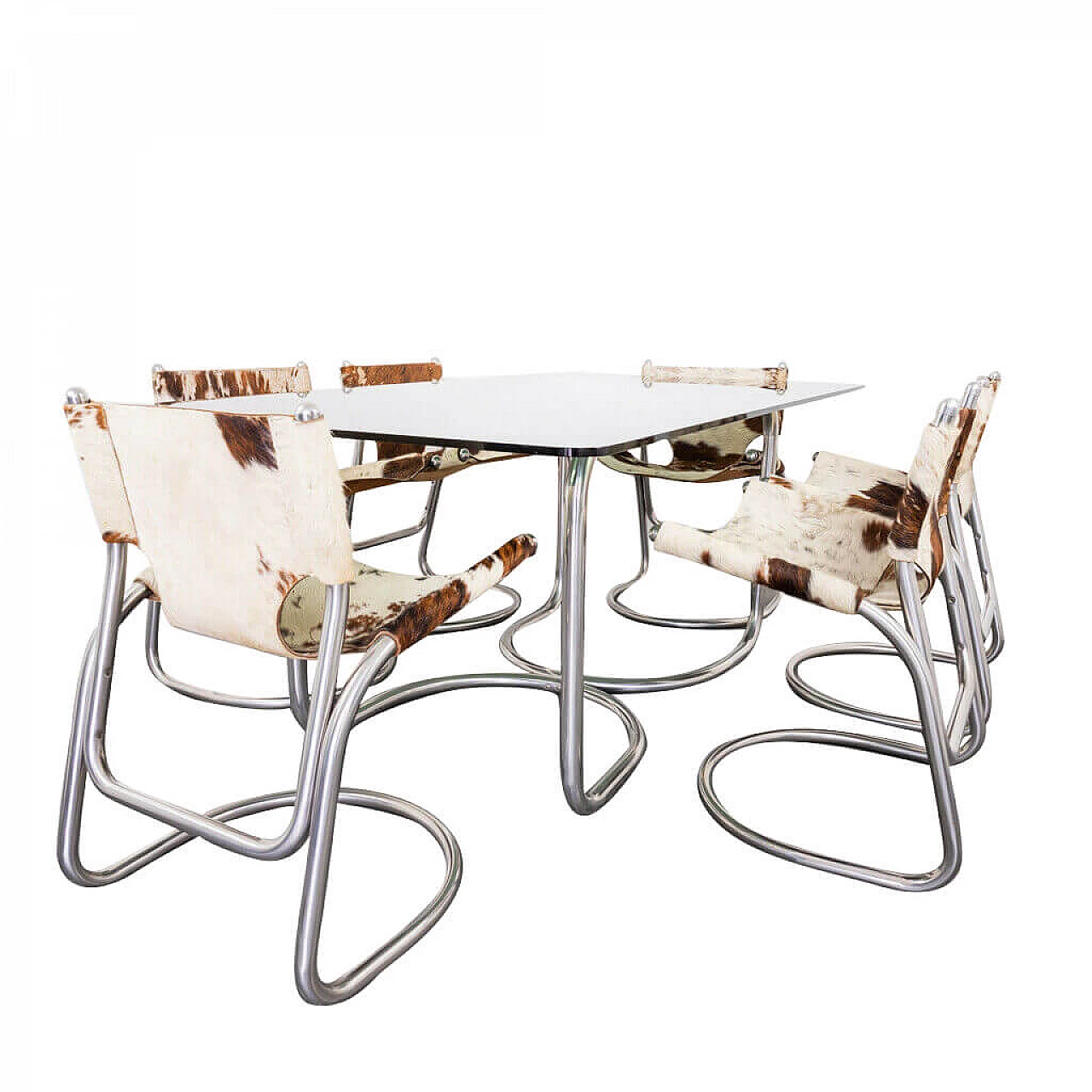 Dining set with chromed glass top table and 6 chairs in cavallino leather, 70s 1222701