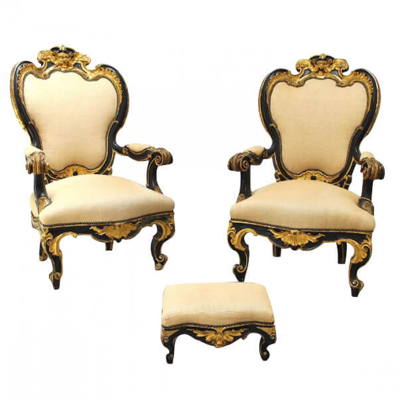 Pair of armchairs and footstool in wood and fabric, 19th century 1222703