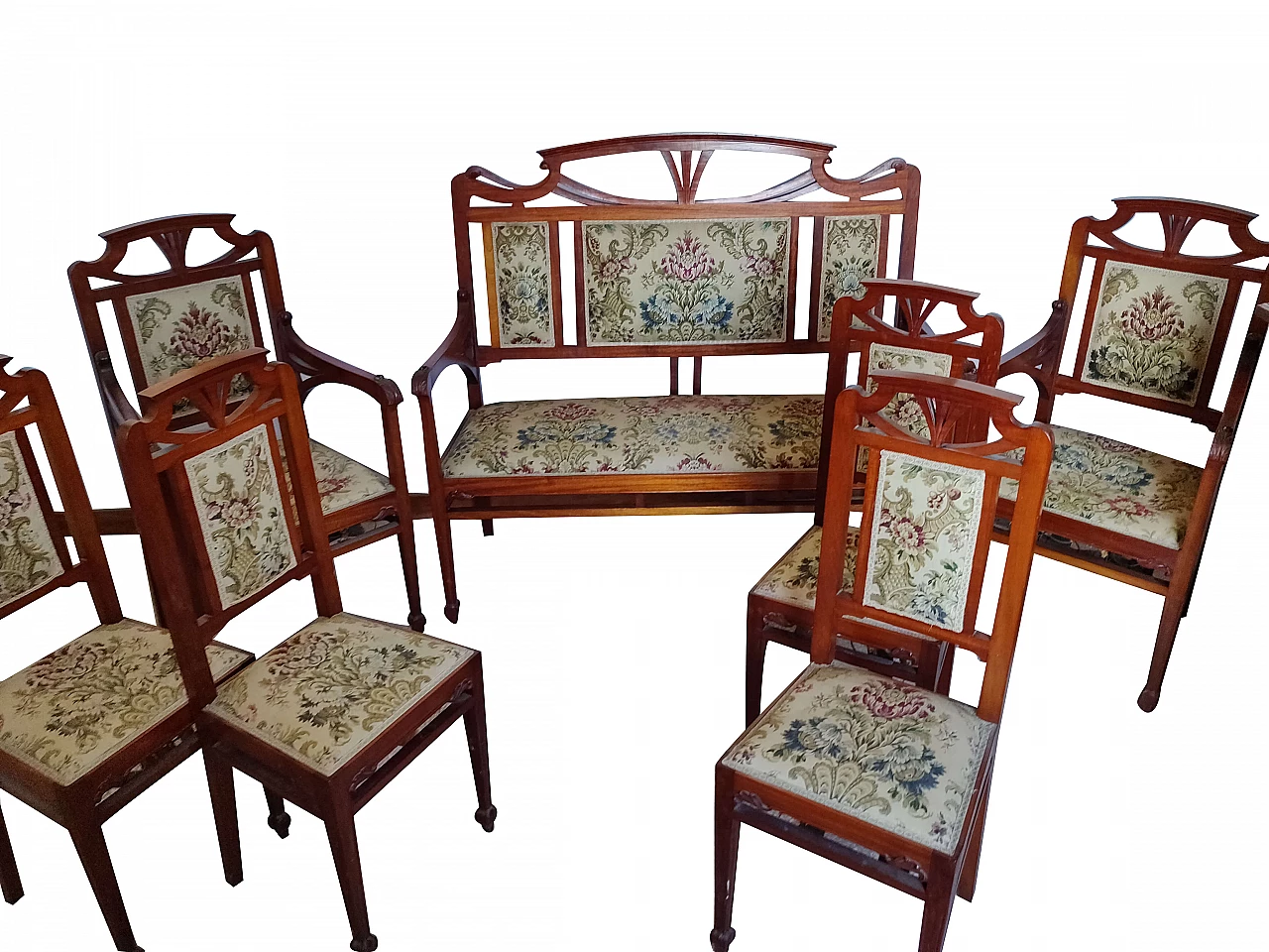 Set da salotto Liberty composto da divano, coppia di poltrone, 4 sedie e vetrina, anni '30 1222715