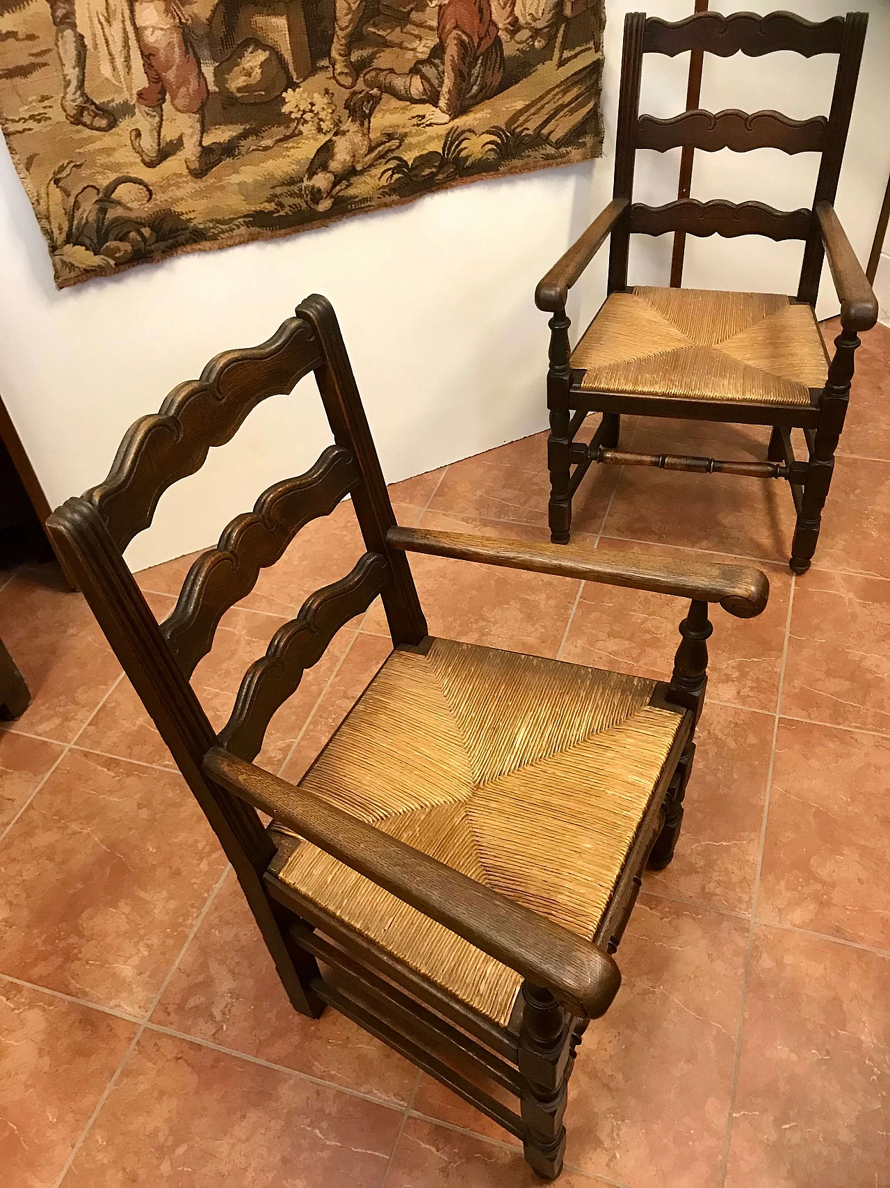 Pair of armchairs carved in oak wood with original intertwined straw sitting, Louis XIII style, 19th century 1223252